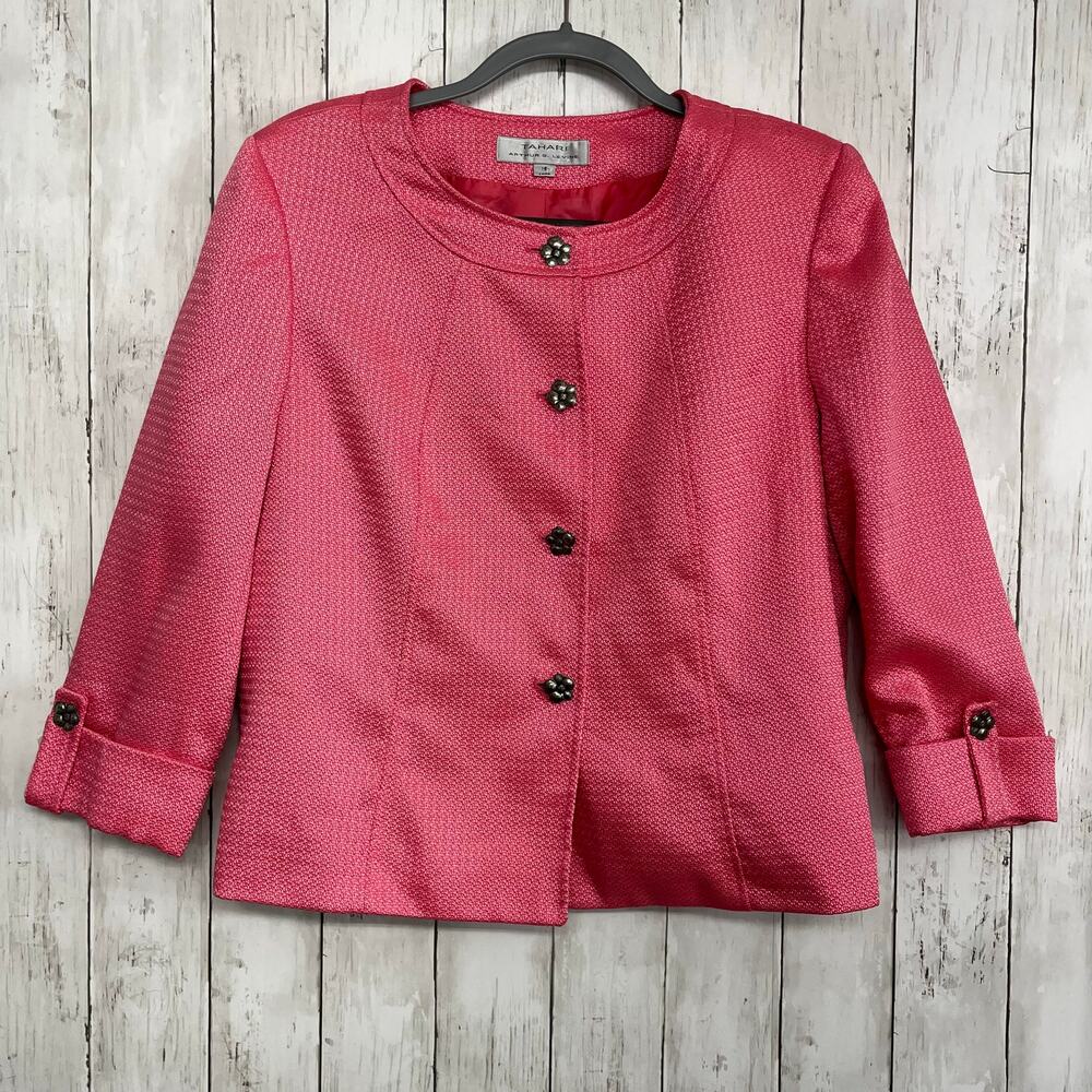 Tahari Pink Long Sleeve Professional Work Business Flower Button Down Blazer 16